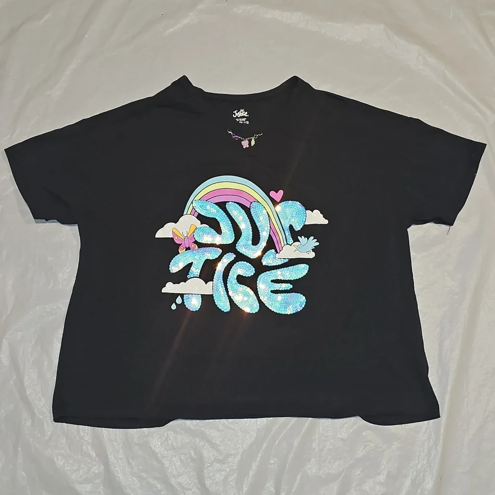 Justice Girls XL Plus 16P/18P Blk Cropped Graphic Tee w/Sequins, Charms, Glitter